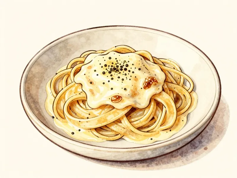 Hand-drawn watercolor illustration of spaghetti carbonara with black pepper