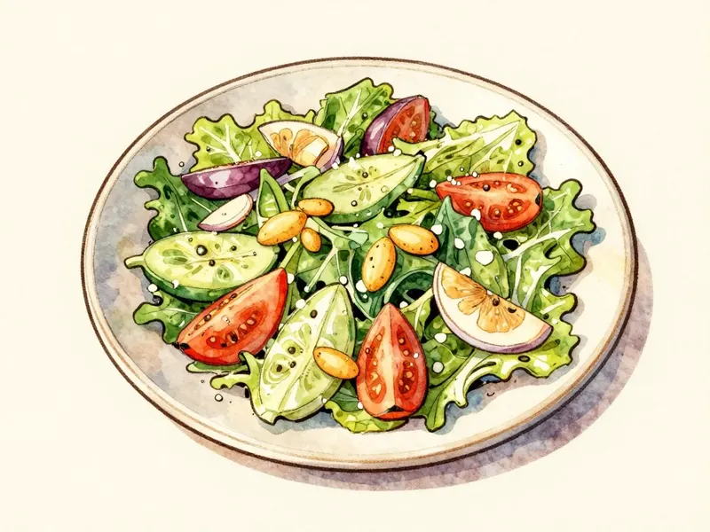 Hand-drawn watercolor illustration of a summer salad with tomatoes, cucumber and egg