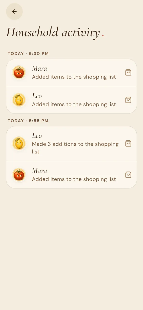 The household activity feed showing who added what