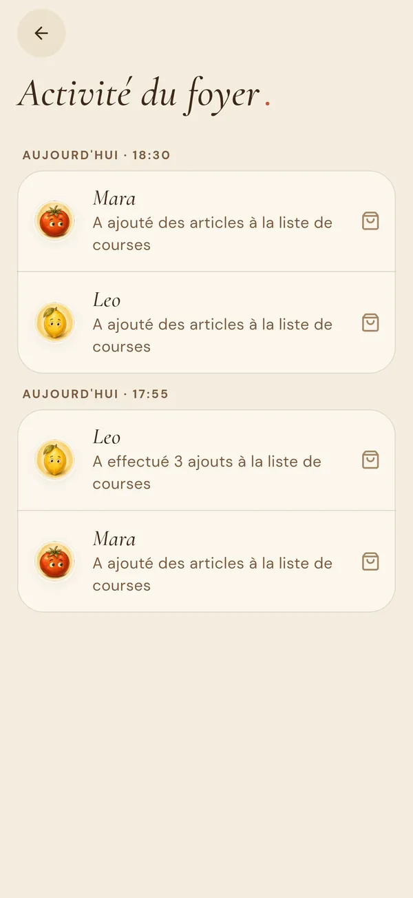 Le fil d’activité du foyer : qui a ajouté quoi