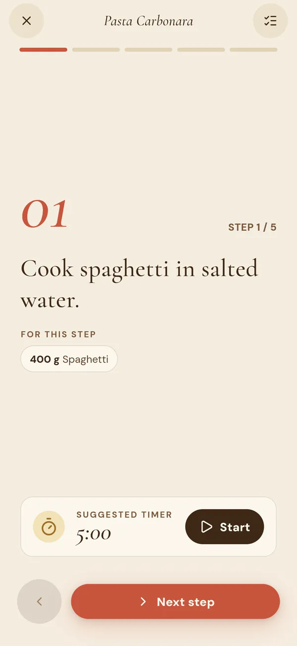 Cook mode showing one recipe step with its ingredients and a timer