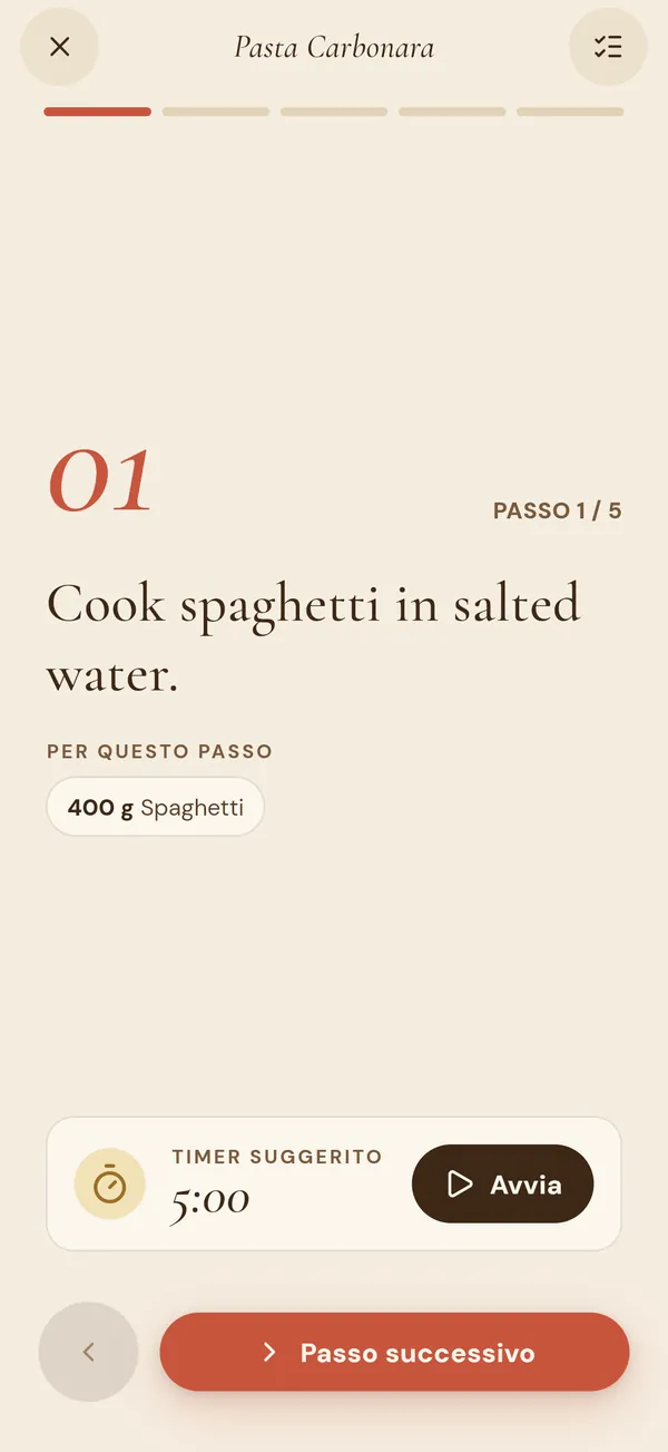 La modalità cucina con un passaggio, i suoi ingredienti e un timer