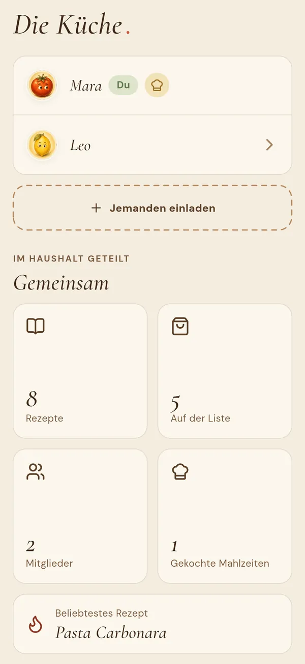 Der Haushaltsbildschirm mit den Mitgliedern und einem Knopf zum Einladen