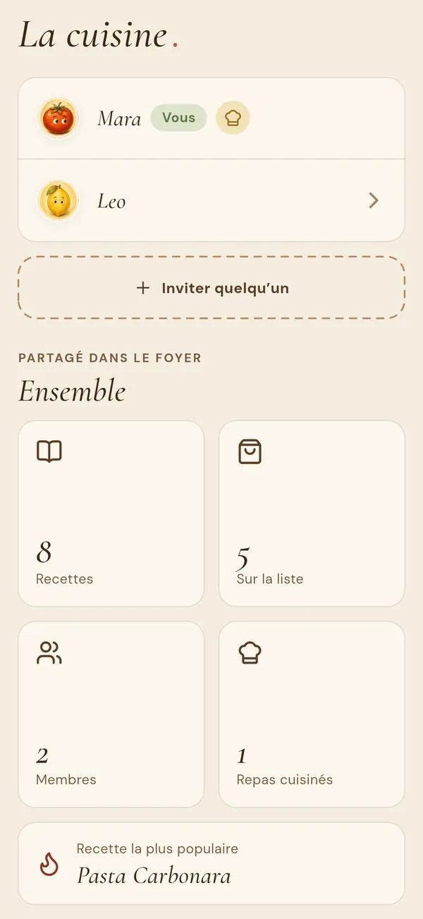 L’écran du foyer avec ses membres et un bouton d’invitation