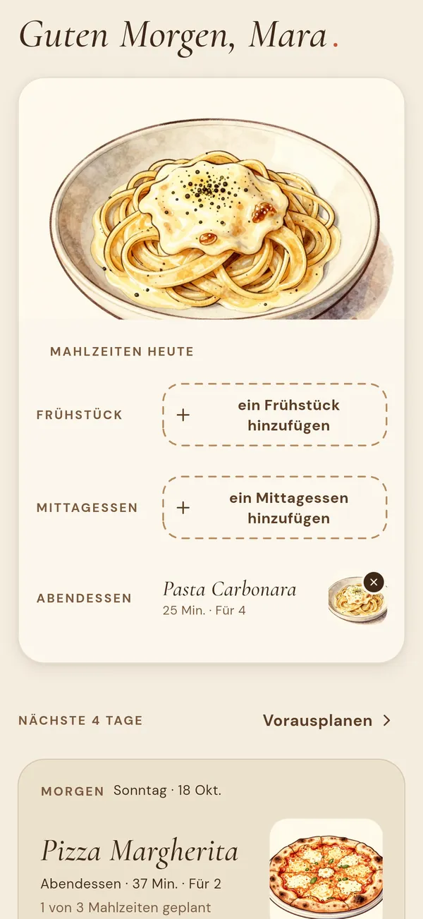 Der Planbildschirm von Flavy mit den Mahlzeiten von heute und den nächsten Tagen
