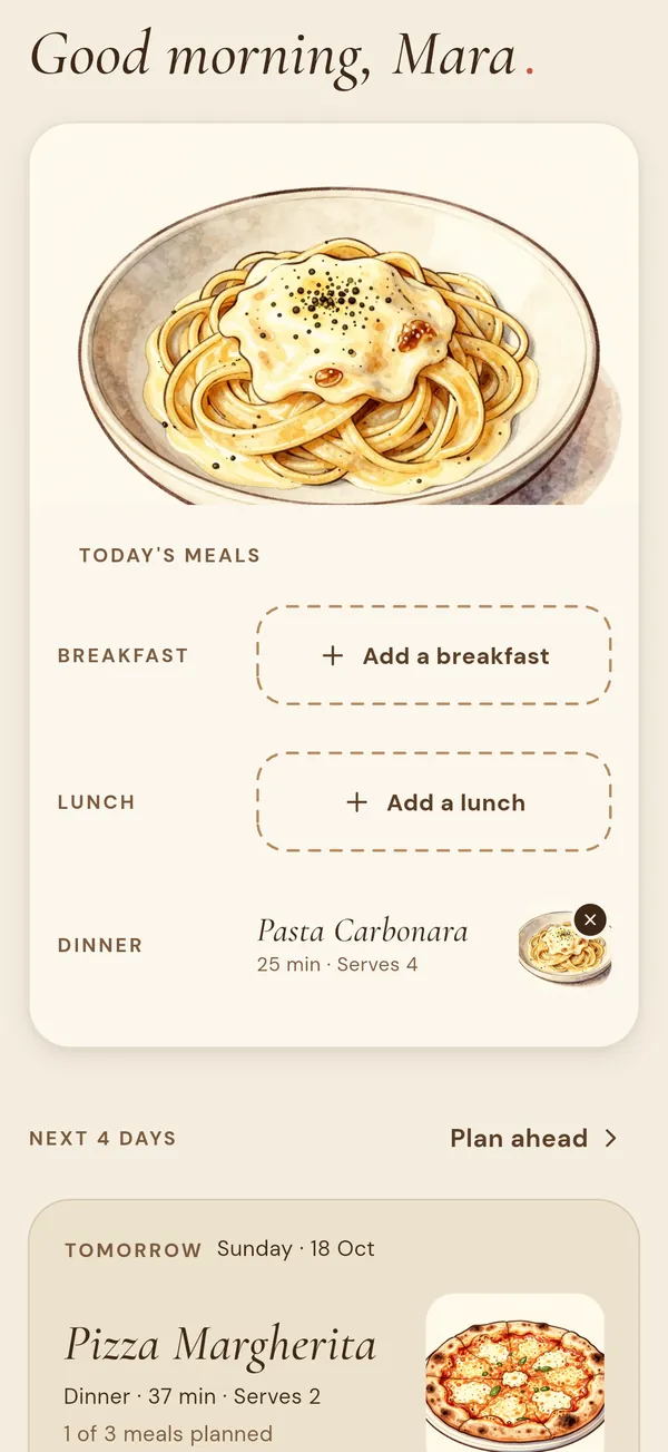 Flavy’s plan screen with today’s meals and the next few days