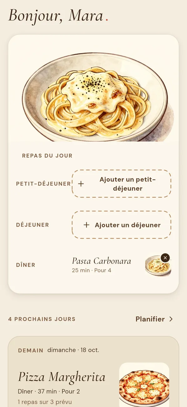 L’écran de planning de Flavy avec les repas du jour et des jours suivants