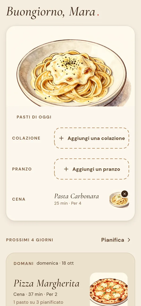 La schermata del piano di Flavy con i pasti di oggi e dei prossimi giorni