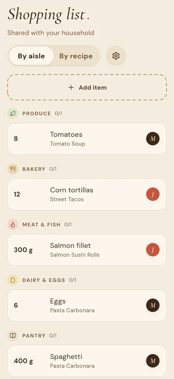 A shared Flavy shopping list sorted by aisle