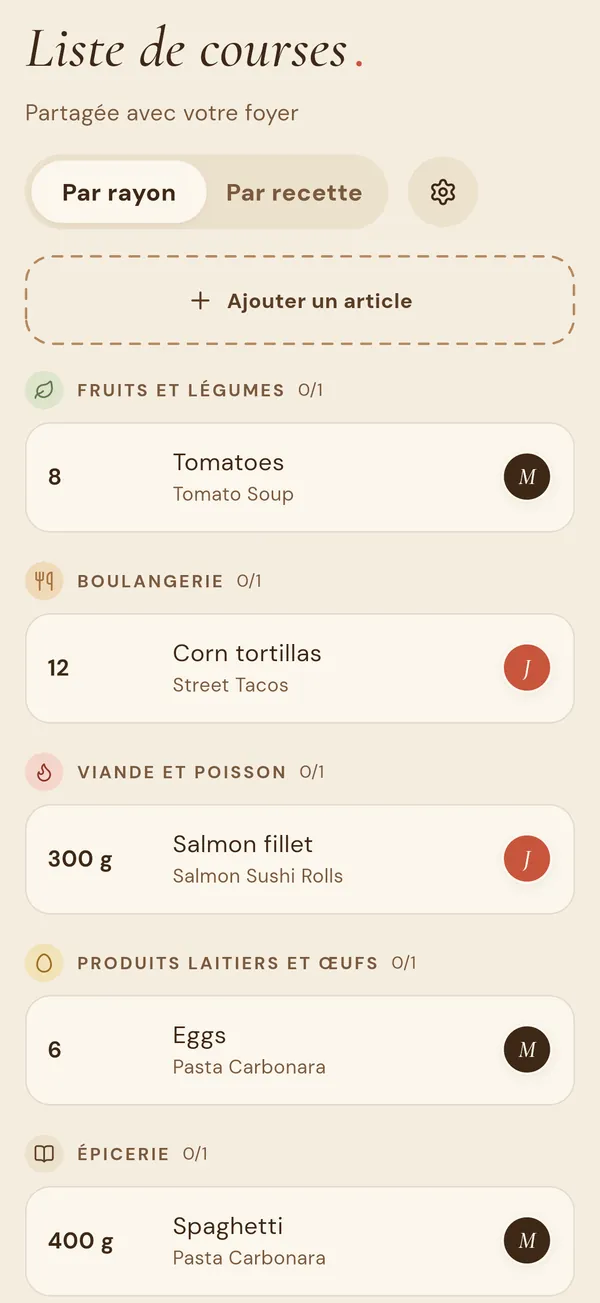 Une liste de courses Flavy partagée, triée par rayon