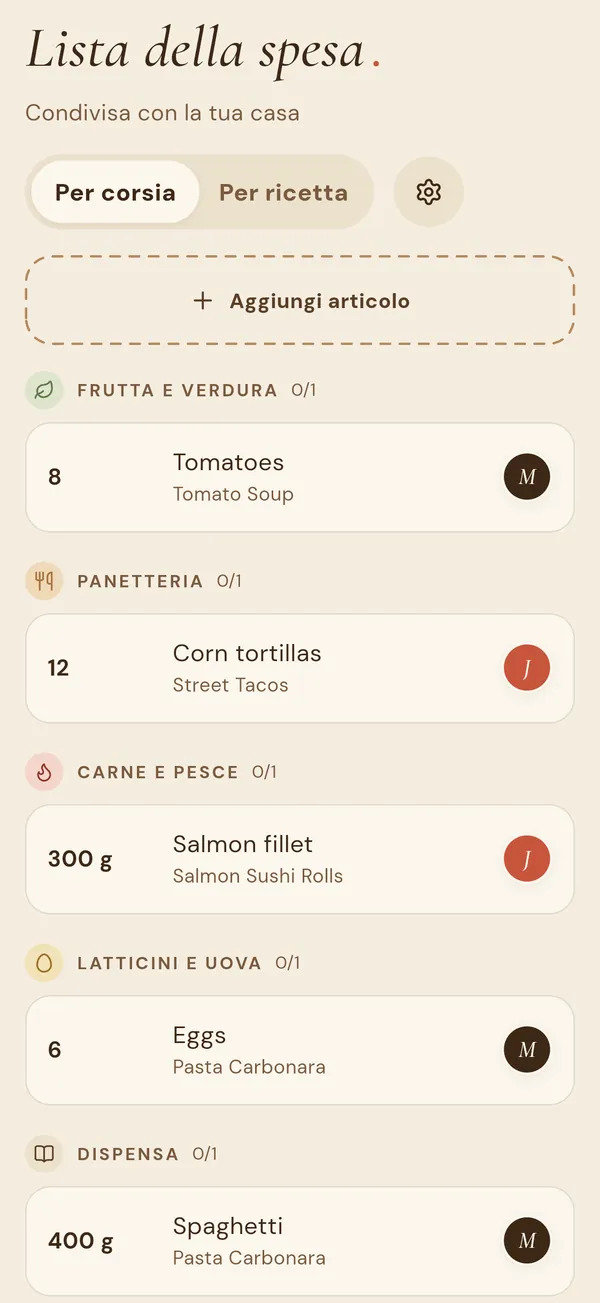 Una lista della spesa Flavy condivisa, ordinata per reparto