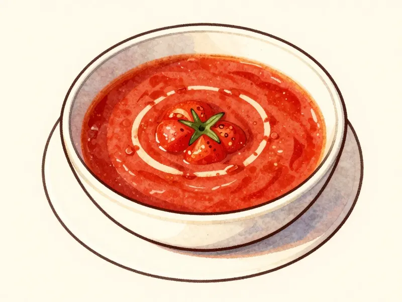 Hand-drawn watercolor illustration of a bowl of tomato soup with basil