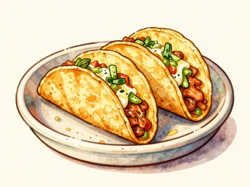 Hand-drawn watercolor illustration of crispy tacos with spiced beef and spring onions