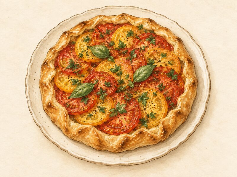 Hand-drawn watercolor illustration of a tomato tart with fresh garden herbs